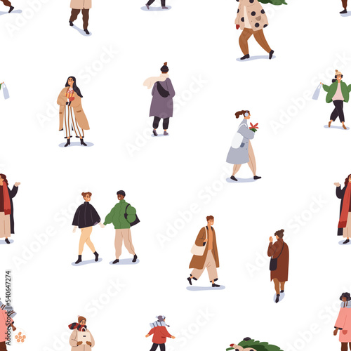People on winter street  seamless pattern. Endless background  characters with gifts  bags  walking  shopping for Christmas. Repeating texture  print of Xmas rush. Flat vector illustration for decor