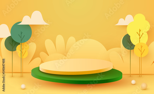 Abstract eco autumn scene background. Cylinder podium with trees. Product presentation, mock up, show natural cosmetic product. Podium, stage pedestal or platform.