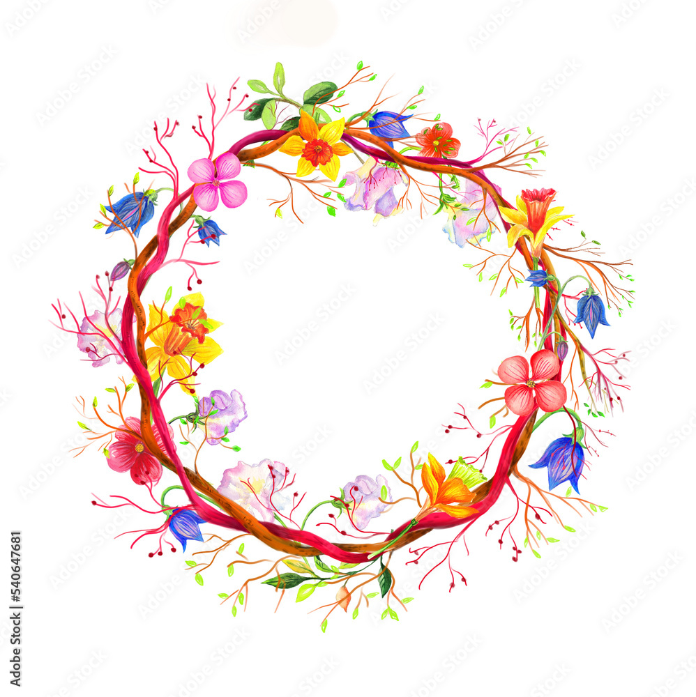 Obraz premium Watercolor wreath with Easter elements. Transparent layer.