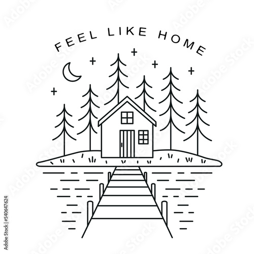 Line illustration of small lake house at night among the pines