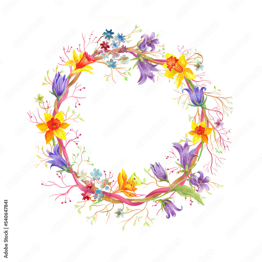 Fototapeta premium Watercolor wreath with Easter elements. Transparent layer.