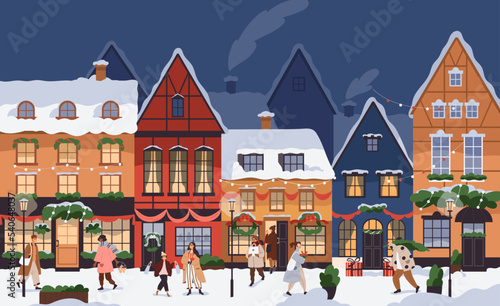 Winter city life at Christmas holiday eve. People outdoors, on streets of European town with cozy buildings facades in festive decoration, snow. Characters on Xmas vacation. Flat vector illustration