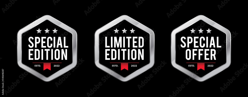 Obraz premium Hexagon label badge of special edition, limited edition, and special offer in elegant black background. silver vector metallic logo