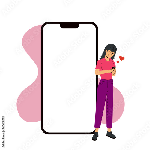Iphone 14 pro screen template next to a woman in love. Vector modern