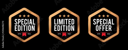 Hexagon label badge of special edition, limited edition, and special offer in elegant black background. bronze vector metallic logo
 photo