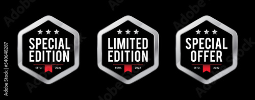 
Hexagon label badge of special edition, limited edition, and special offer in elegant black background. silver vector metallic logo