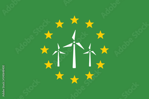 symbol of wind electric energy on green european union flag bakground. renewable sustainable energy