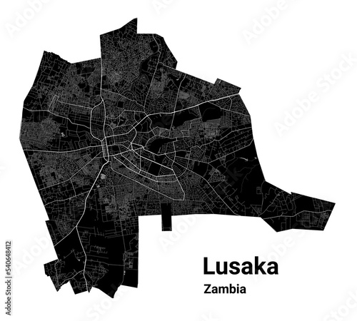 Lusaka map. Detailed black map of Lusaka city poster with roads. Cityscape urban vector. Black land with white roads and avenues. photo