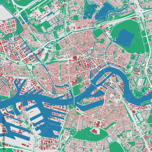 Rotterdam map. Detailed map of Rotterdam city administrative area. Cityscape urban panorama. Outline map with buildings  water  forest.