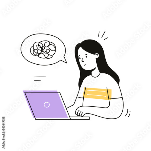 Office worker woman stress illustration. Doodle outline character woman work depressed, frustration. Female person with laptop, office problem tired concept. Isolated vector illustration