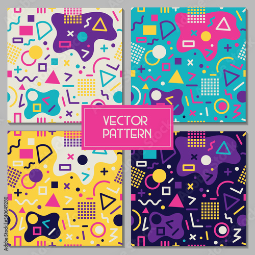 Colorful geometric doodle jumble shapes memphis style seamless repeat vector pattern