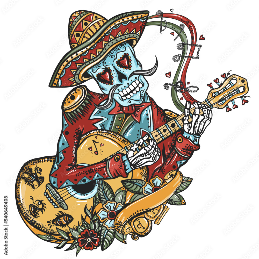 Mariachi skeleton wearing sombrero and playing guitar. Mexican culture ...