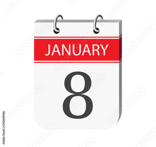 8th january calendar page. 3d one day calendar date appointment, event reminder illustration. 