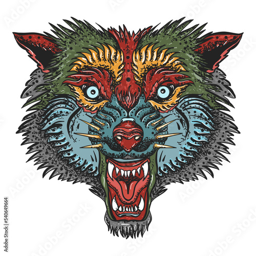 Angry wolf head. Old school tattoo vector art. Aggressive werewolf portrait. Gothic animal. Old school tattoo vector art. Hand drawn graphic. Isolated on white. Traditional flash tattooing