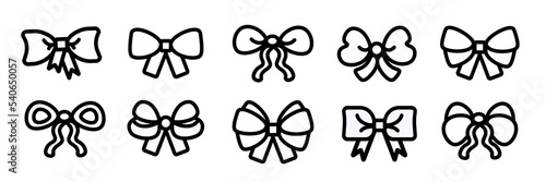 Bow ribbon icons set. Sale decor collection simple outline signs gift for birthday Christmas. Outline flat icons design. Black vector illustration isolated on white background.