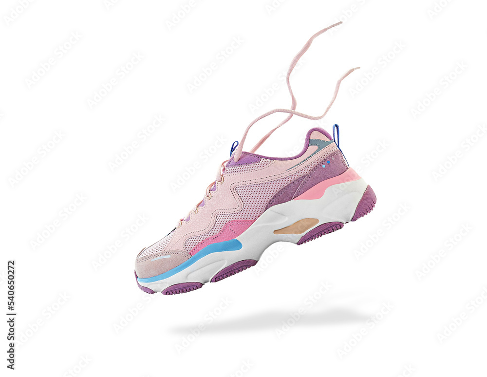 Flying colorful womens sneaker isolated on white background. Fashionable stylish sports shoes. Creative minimalistic footwear layout. Lifestyle product photo, levitation and urban style concept. - obrazy, fototapety, plakaty 