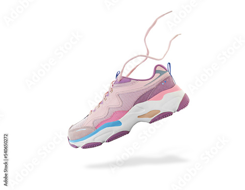 Flying colorful womens sneaker isolated on white background. Fashionable stylish sports shoes. Creative minimalistic footwear layout. Lifestyle product photo, levitation and urban style concept.
