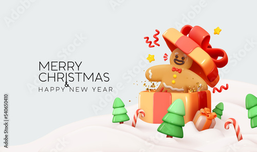 Christmas and New Year background in snow an open gift box inside gingerbread man joyful happy face. On white snow green trees, candy cane, gift box. Realistic 3d Xmas composition. Vector illustration