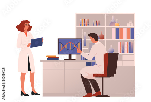 Man and woman scientists working in the genetic laboratory. DNA study. Genome mutation analysis. Molecular genetics. Flat vector illustration.
