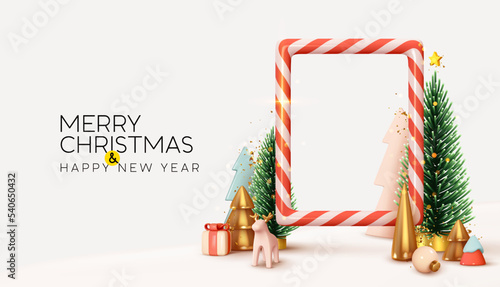 Christmas winter seasonal composition with realistic 3d decor element. New Year's border of red candy. Festive Xmas photo frame. Conical Christmas trees, gift boxes, gold confetti. Vector illustration