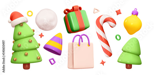 Set of Christmas festive elements for design. Holiday Decoration Shop bag, gift box, cone toy, christmas tree, xmas candy cane, snow globe. Realistic 3d object in cartoon style. vector illustration