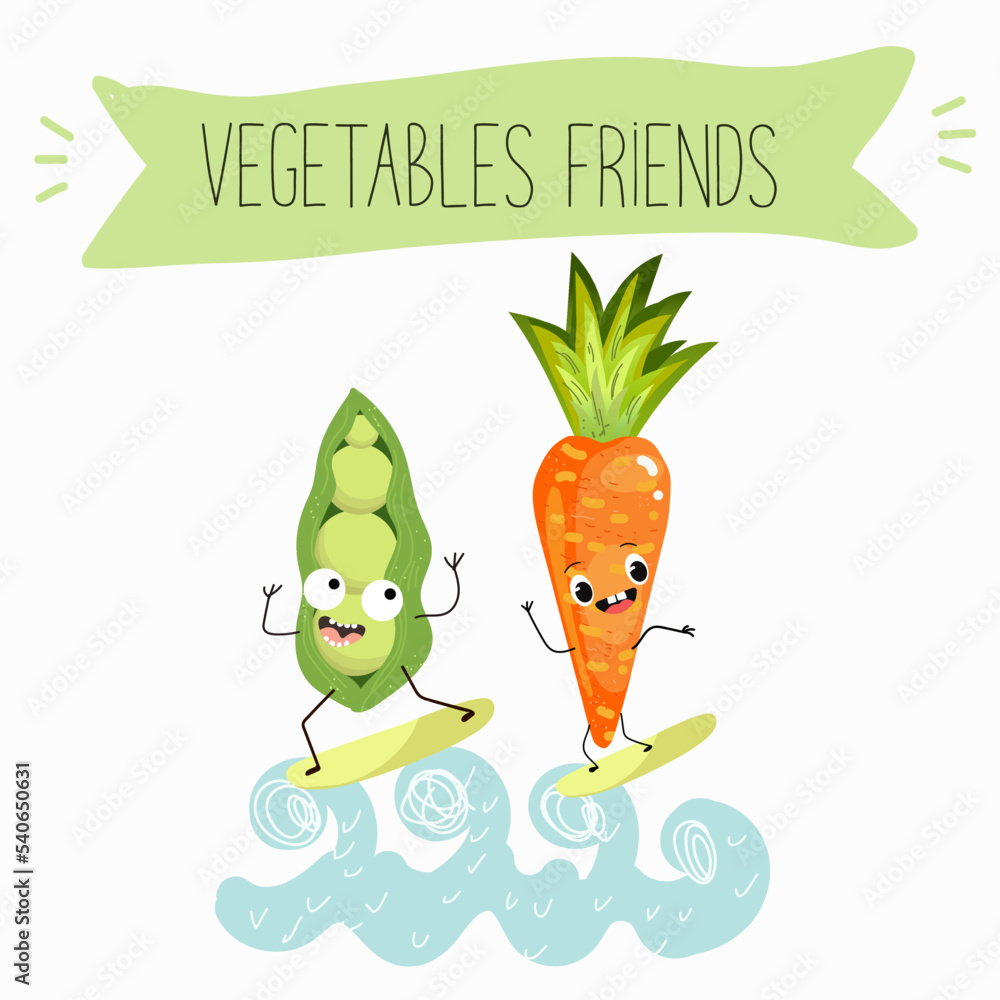 Vector illustration best friends vegetables carrots and peas surfboard, carrot juice, funny hand drawn cartoon characters, text friends vegetables. Vector illustration best friends vegetables carrots and peas surfboard, carrot juice, funny hand drawn cartoon characters, text friends vegetables.