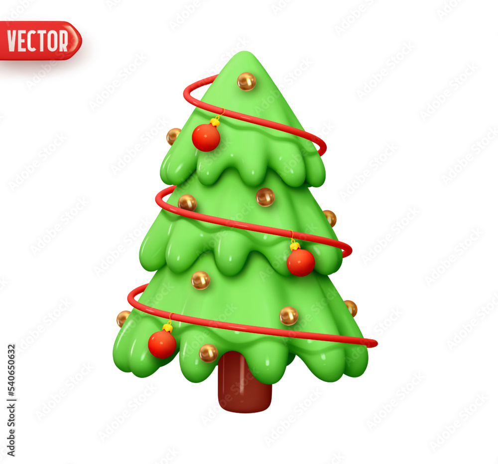 Christmas tree abstract conical shape, green color. Holiday decor. Realistic  3d design element In plastic cartoon style. Icon isolated on white  background. vector illustration Stock Vector | Adobe Stock