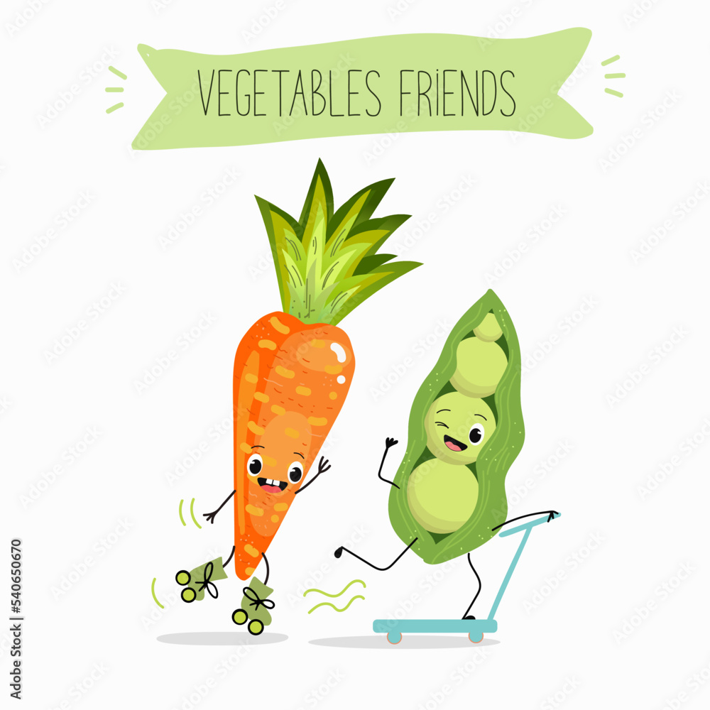 Vector illustration of best friends carrots and peas, funny hand drawn cartoon characters, on roller skates and scooter, vegetables friends text. Vector illustration of best friends carrots and peas, funny hand drawn cartoon characters, on roller skates and scooter, vegetables friends text.