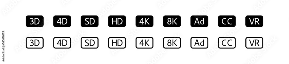 3d, 4d, sd, hd, 4k, 8k, ad, cc, vr icon set. Screen symbols. Black color. Vector sign. 3d, 4d, sd, hd, 4k, 8k, ad, cc, vr icon set. Screen symbols. Black color. Vector sign.