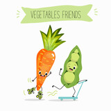 Vector illustration of best friends carrots and peas, funny hand drawn cartoon characters, on roller skates and scooter, vegetables friends text.