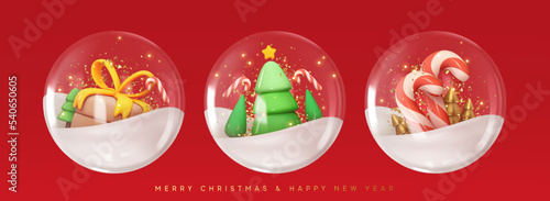 Christmas glass ball holiday ornaments. Festive winter compositions inside the transparent spheres. Set of Realistic 3d Christmas snow globe. Xmas decoration design. vector illustration