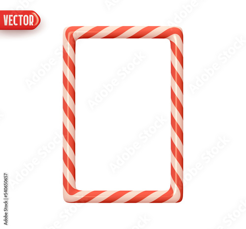 Christmas rectangular frame from candy cane. Red white straight lines color. Realistic 3d design Decoration New Year Holiday elements. Xmas Striped candy cane border. vector illustration