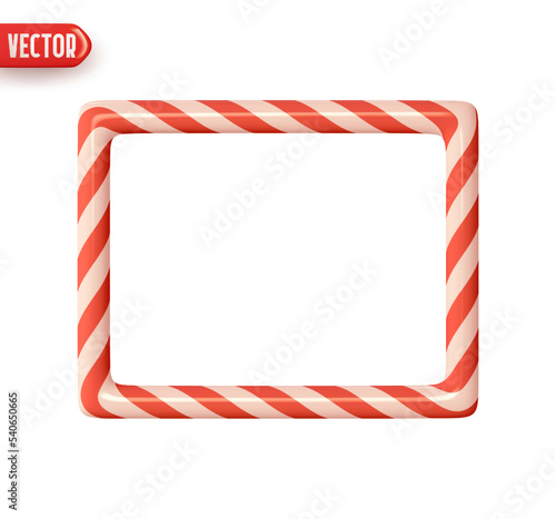 Christmas rectangular frame from candy cane. Red white straight lines color. Realistic 3d design Decoration New Year Holiday elements. Xmas Striped candy cane border. vector illustration