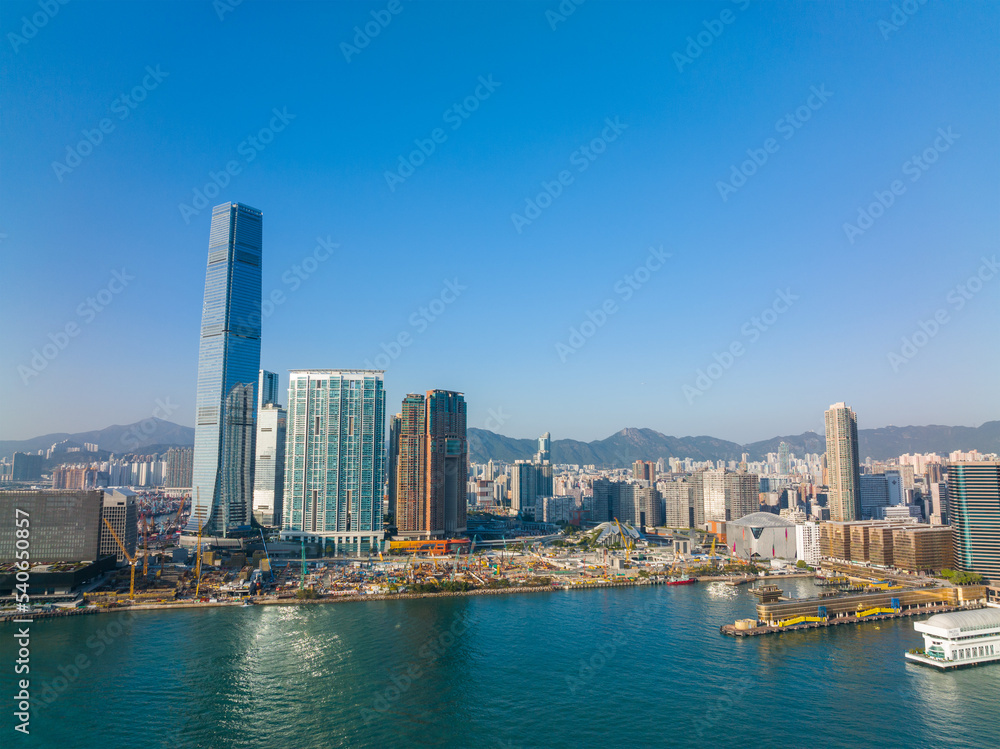 Drone fly over Hong Kong city in Kowloon side