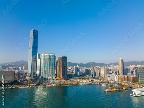 Drone fly over Hong Kong city in Kowloon side © leungchopan