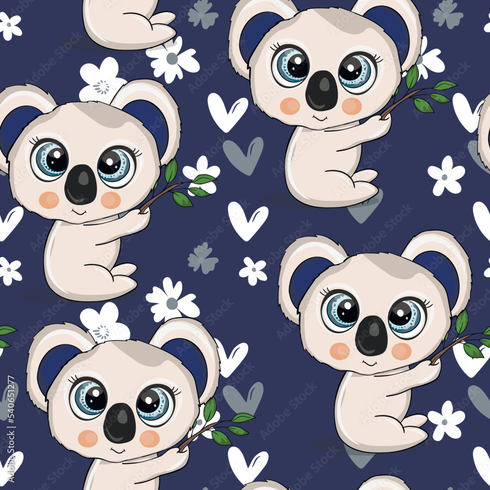 Seamless pattern with cute koala baby on color background. Funny australian animals. Card, postcards for kids. Flat vector illustration for fabric, textile, wallpaper, poster, paper Seamless pattern with cute koala baby on color background. Funny australian animals. Card, postcards for kids. Flat vector illustration for fabric, textile, wallpaper, poster, paper