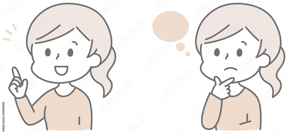 柔らかいタッチの悩んで解決する女性イラスト 柔らかいタッチの悩んで解決する女性イラスト