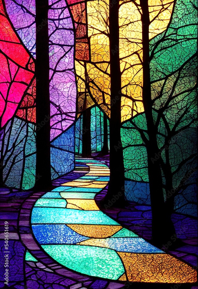 Path Paved with Stained Glass Through Forest Woods Digital Art, 3D Render, Concept Art Stock