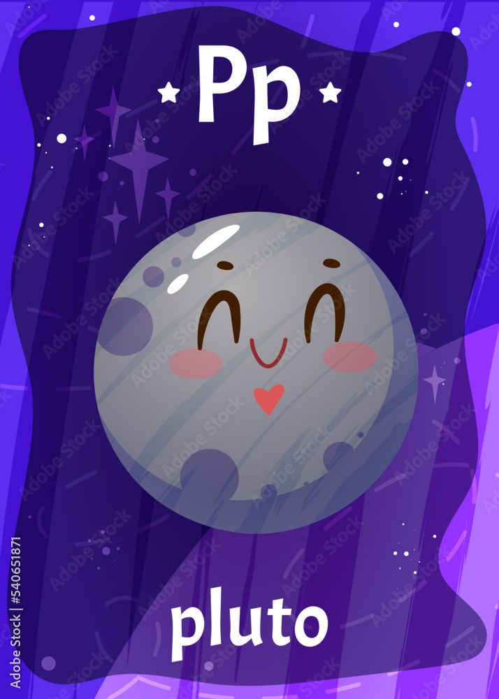 Printable space alphabet flashcard with letter P. Cartoon cute pluto planet in solar system and english word name on flash card for children education. Kid cards for teaching reading in primary school - obrazy, fototapety, plakaty 