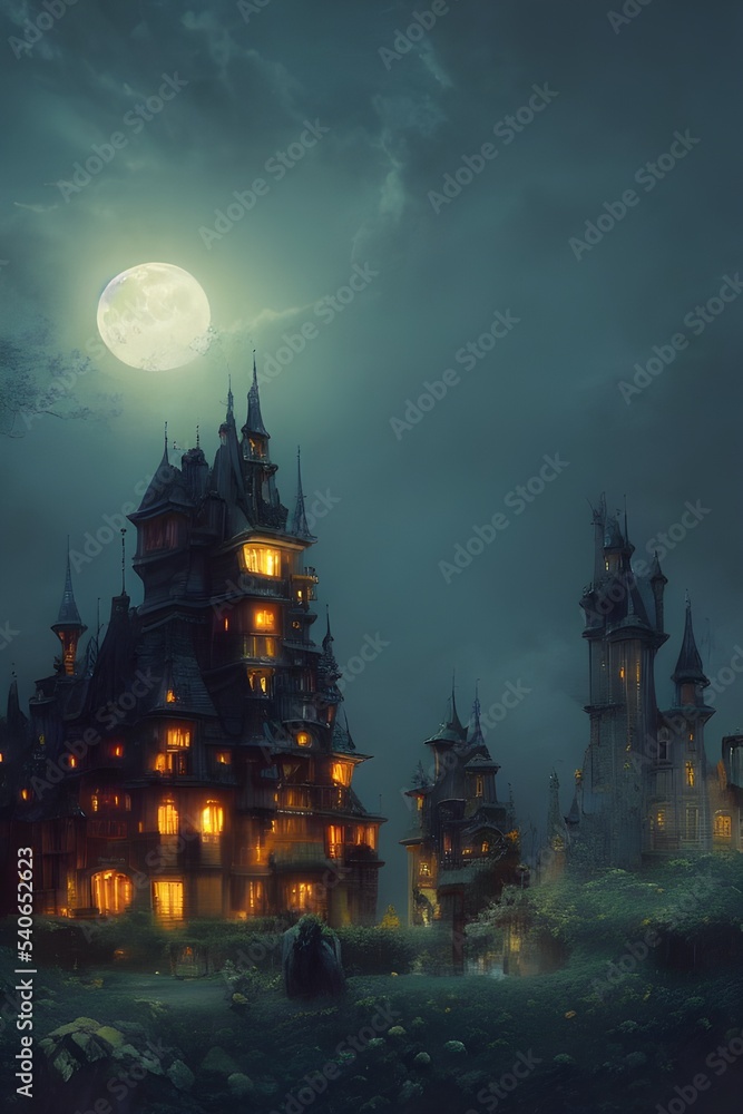 Fantasy castle on a full moon night. Fantasy castle on a full moon night.