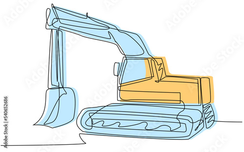 One line excavator with a blue and yellow silhouette on a white background. The concept of digging earth at a construction site. Cartoon transport for earthworks. Vector illustration of a machine with