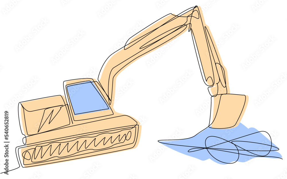 One line excavator with a blue and yellow silhouette on a white background. The concept of digging earth at a construction site. Cartoon transport for earthworks. Vector illustration of a machine with One line excavator with a blue and yellow silhouette on a white background. The concept of digging earth at a construction site. Cartoon transport for earthworks. Vector illustration of a machine with