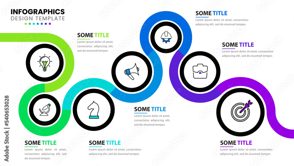 Infographic template. Timeline with 7 circles and icons Infographic template. Timeline with 7 circles and icons