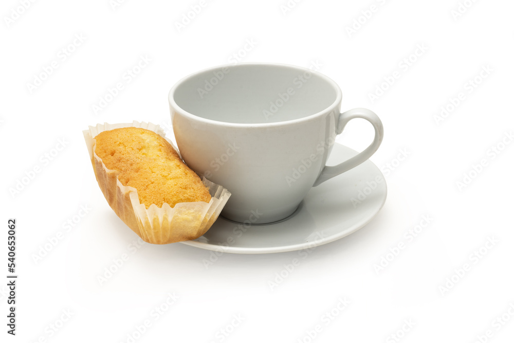 breakfast cup with plumcake. isolated white background breakfast cup with plumcake. isolated white background