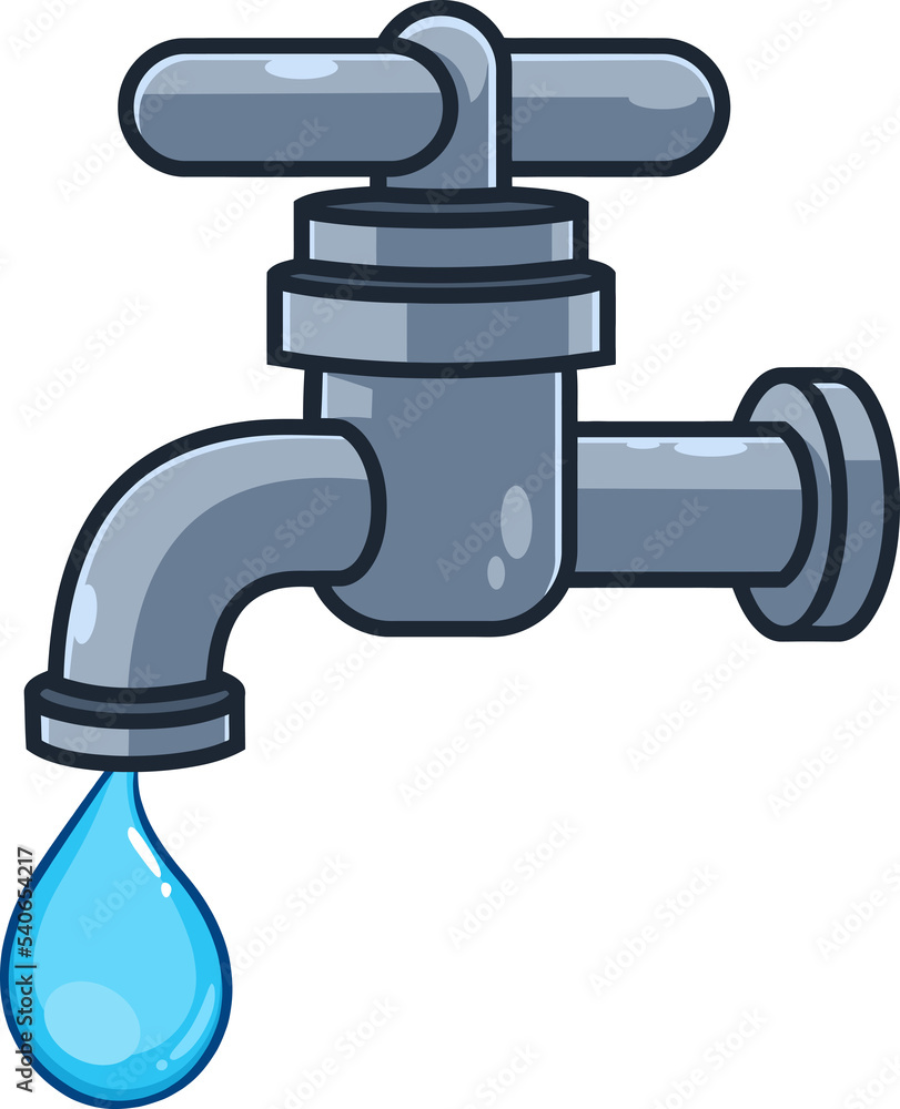 Cartoon Faucet With Water Drop. Hand Drawn Illustration Isolated On Transparent Background Cartoon Faucet With Water Drop. Hand Drawn Illustration Isolated On Transparent Background