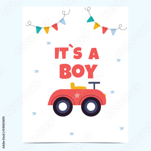 The postcard is a boy. Baby shower.