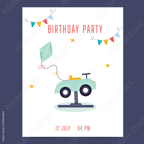 Birthday invitation. Baby car on a spring