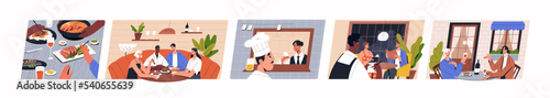 People in restaurant set. Happy characters sitting at cafe table with menu, dishes, meals, eating out, talking. Friends, couples meeting for date, dinner, for coffee. Flat vector illustrations