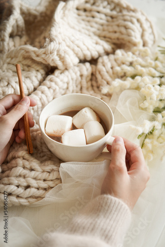 Cozy winter, hot chocolate home background