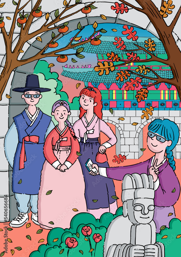 Vector Illustration of Young People Enjoying Autumn in Korea in Hanbok ...